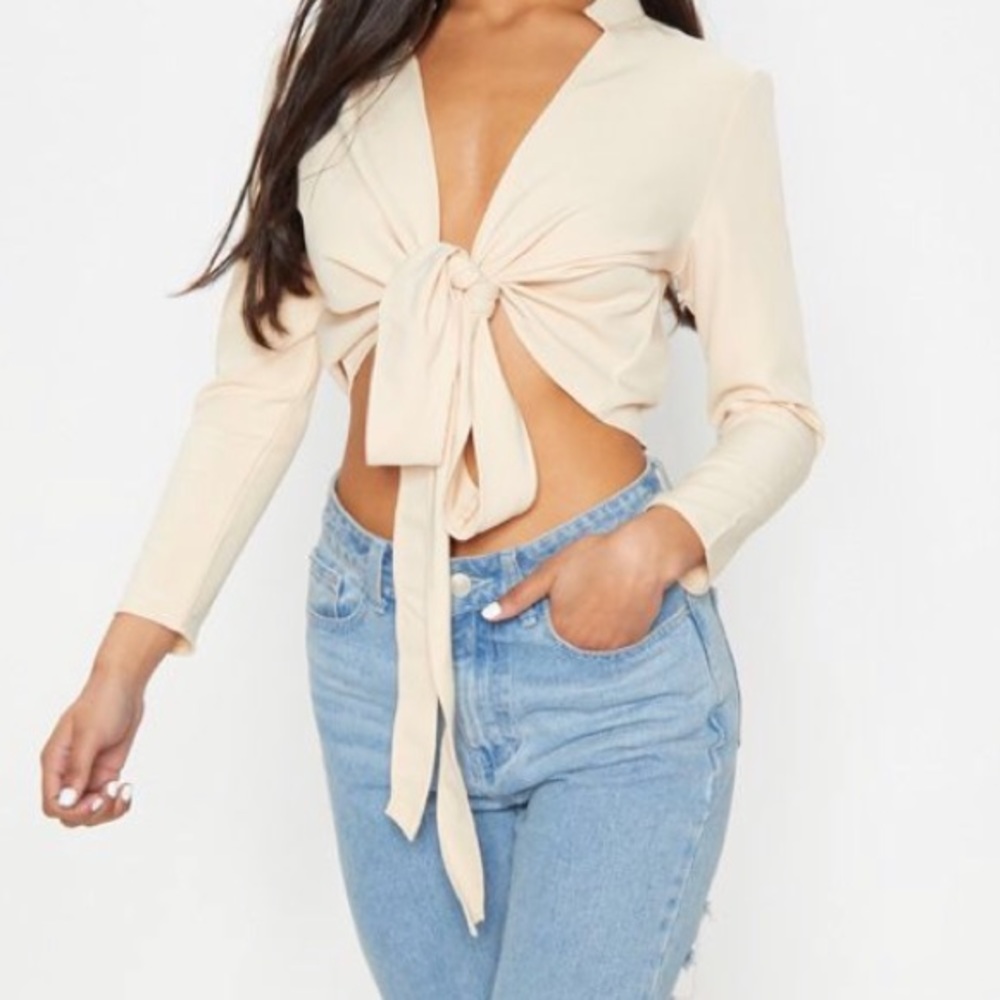 Blanche stone tie front long sleeve crop blouse.